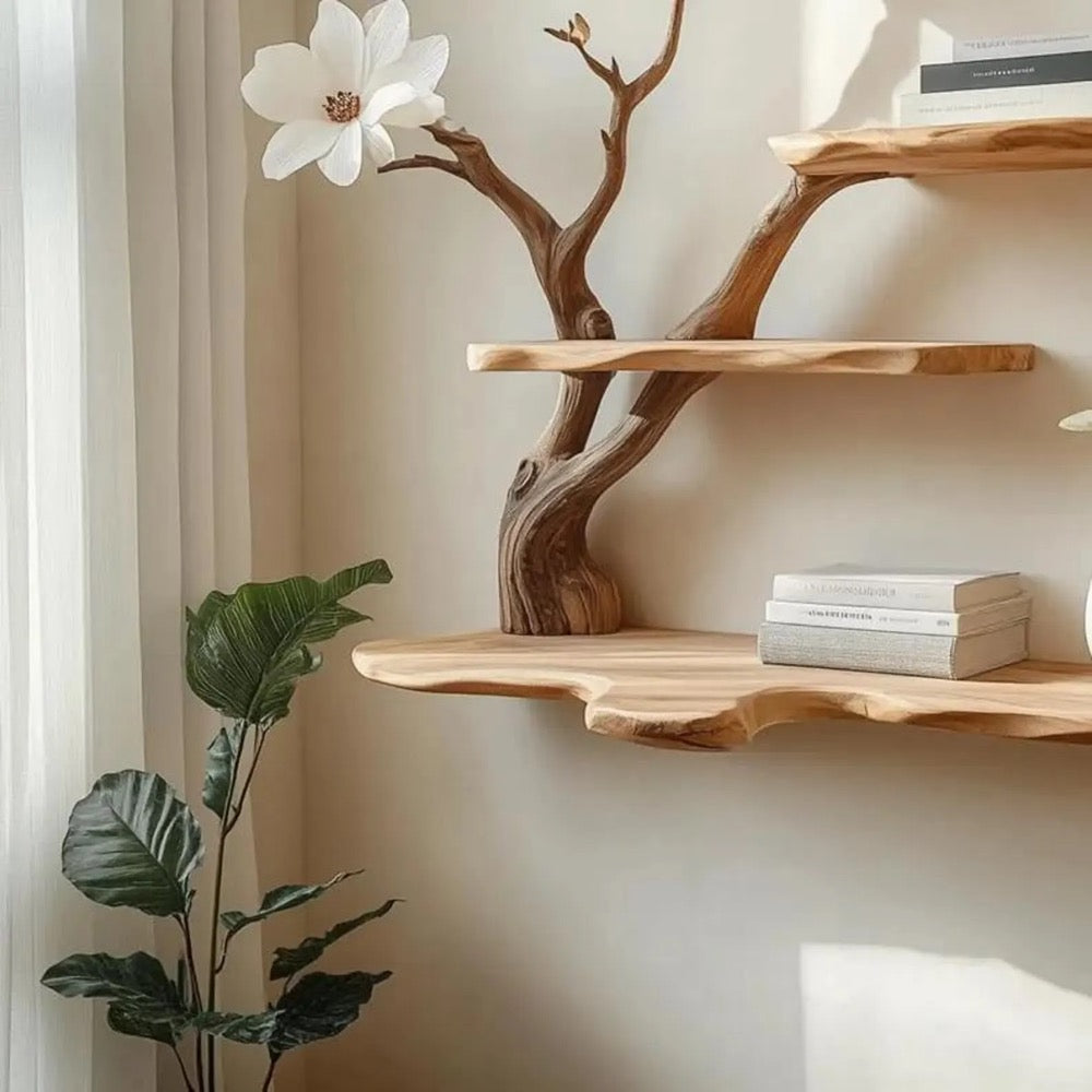 Magnolia Tree Bookshelf – Wall Mounted Wooden Shelf with White Flowers – 3 Tier Floating