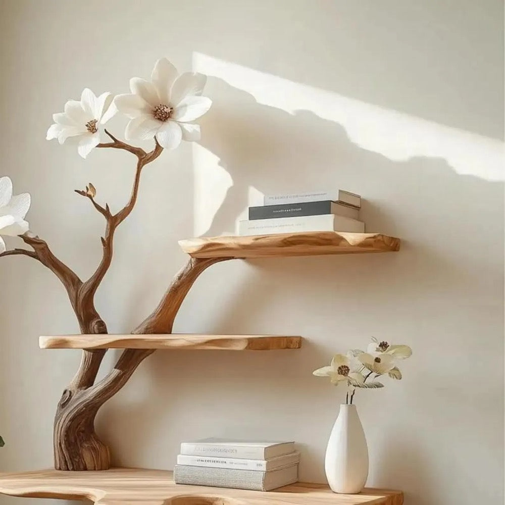 Magnolia Tree Bookshelf – Wall Mounted Wooden Shelf with White Flowers – 3 Tier Floating