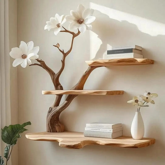 Magnolia Tree Bookshelf – Wall Mounted Wooden Shelf with White Flowers – 3 Tier Floating